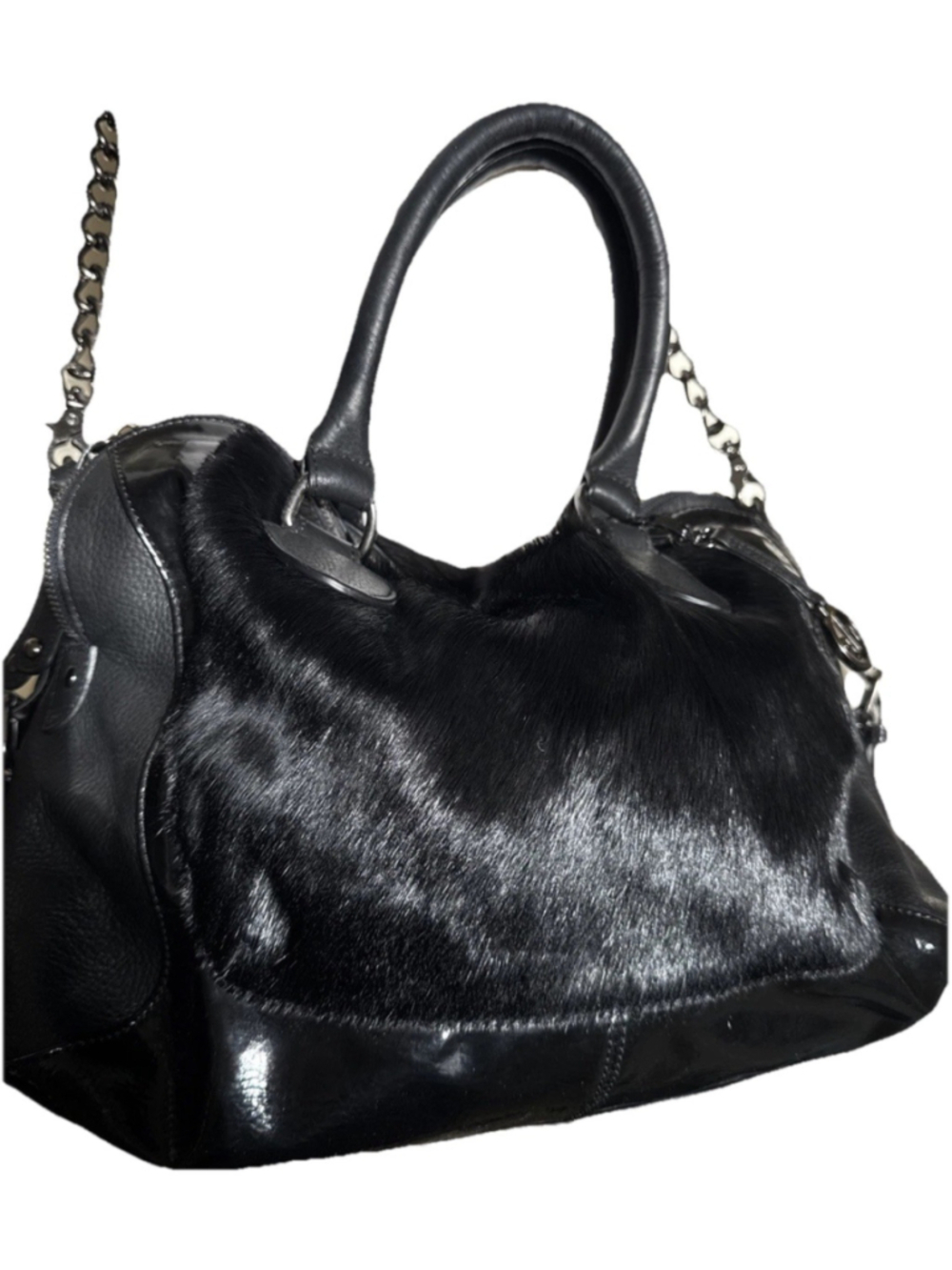 Audrey Brooke Black Calf Hair Leather Hobo Satchel Bag Large